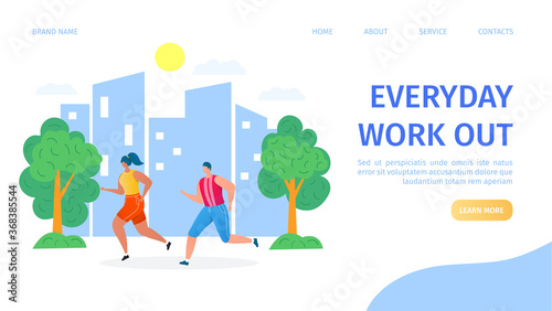 Workout, man and woman athletes running in park, sport, fitness training and healthy body lifestyle landing page vector illustration. Jogging workout and exercise for runners, activity outdoor.