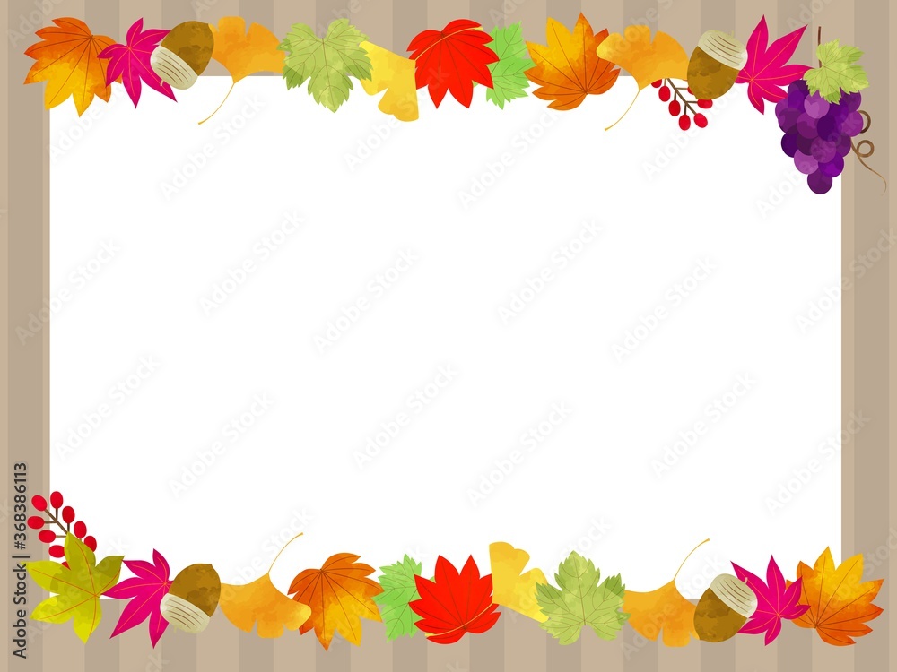 秋色のフレーム　秋の葉や木の実　水彩風のおしゃれなイラスト