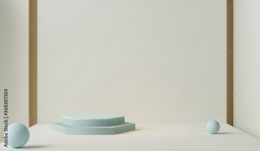 Minimal scene with podium and abstract background. Pastel blue and cream colors scene. Trendy 3d render for social media banners, promotion, cosmetic product show. Stage for fashion on website. - obrazy, fototapety, plakaty 