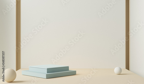 Minimal scene with podium and abstract background. Pastel blue and cream colors scene. Trendy 3d render for social media banners, promotion, cosmetic product show. Stage for fashion on website.