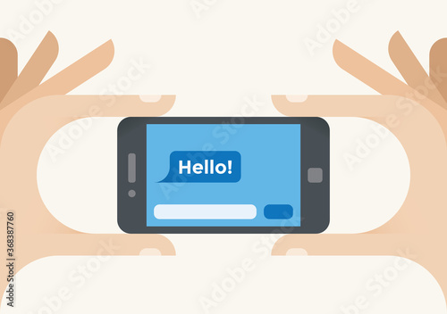 Hello! chat social media (Facebook messenger, Whatsapp, Wechat, QQ) message on mobile smartphone screen in human hands. Concepts: online messaging, Internet dating, web relationships, new friendship