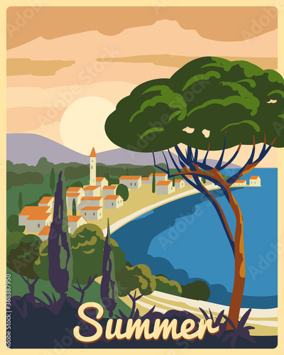 Travel poster retro old city Mediterranean sea vacation Europe