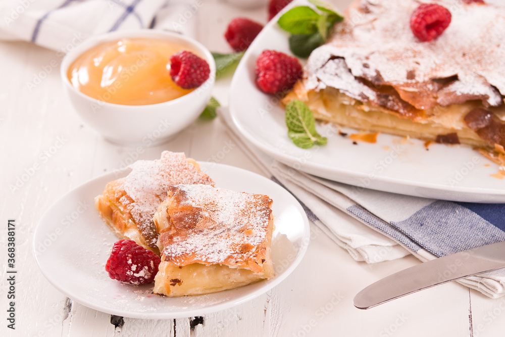 Bougatsa - Greek puff pastry with cream.
Bougatsa - Greek puff pastry with cream.