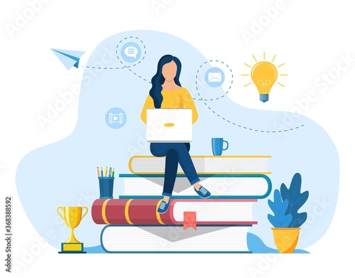 Girl sitting on pile of books. Concept illustration of online courses, distance studying, self education, digital library. E-learning banner. Online education. Vector illustration in flat style