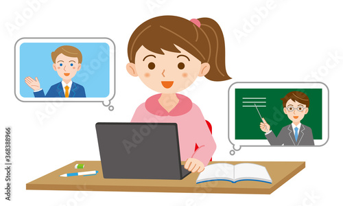 ノートPCでオンライン授業を受ける女子学生のイラスト/白背景  © kura