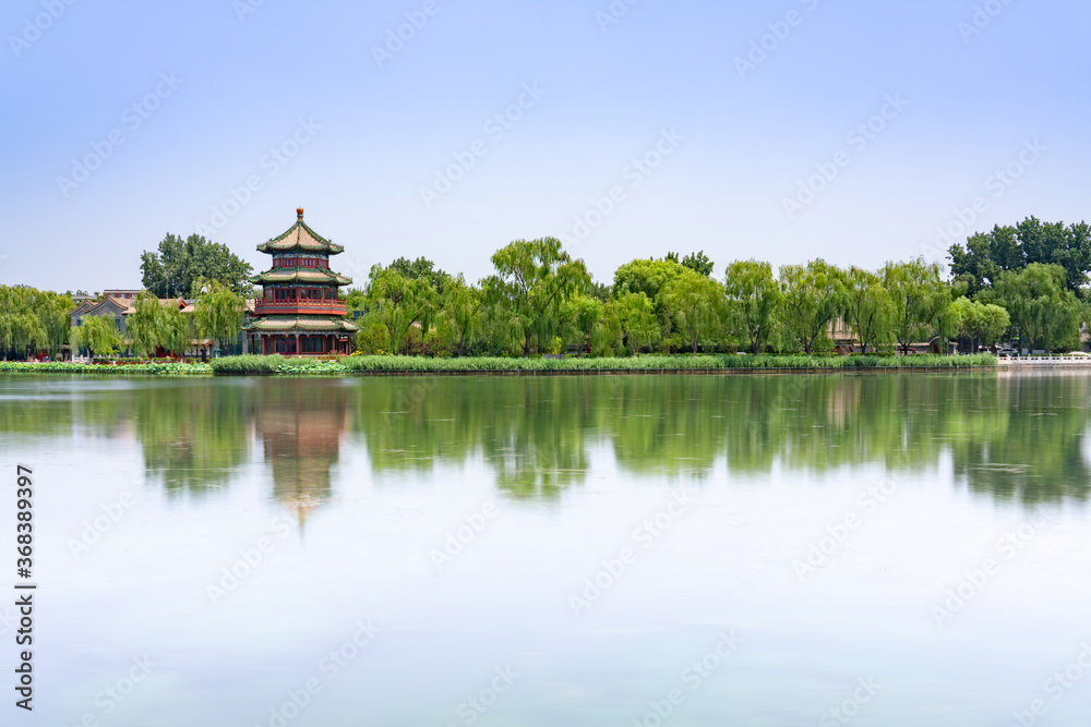 Wanghai tower by Shichahai lake, Beijing, China. Beautiful Shichahai and sparkling Lake