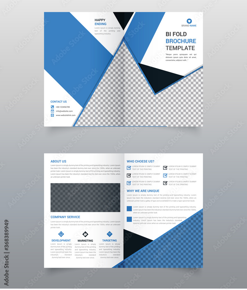 Abstract Business Bi-fold Brochure Design Template, A4, Shape, blue color, back and inside pages.