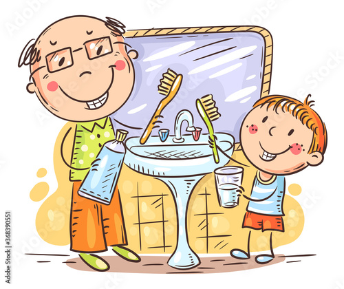 Father or grandfather shows kid how to brush teeth correctly