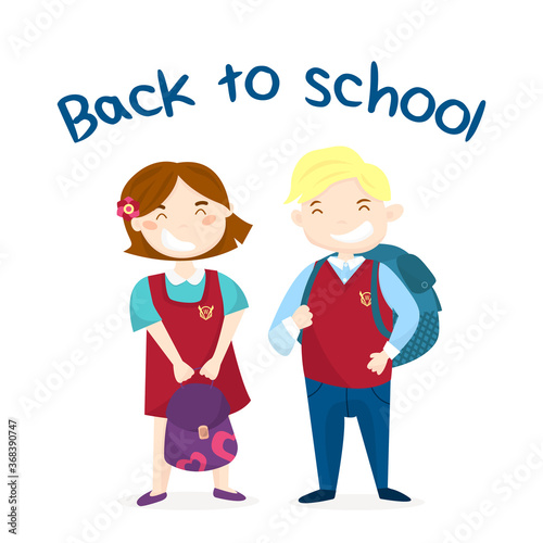 cute pupils with school backpacks in the uniform. Vector cartoon illustration isolated on the white background.