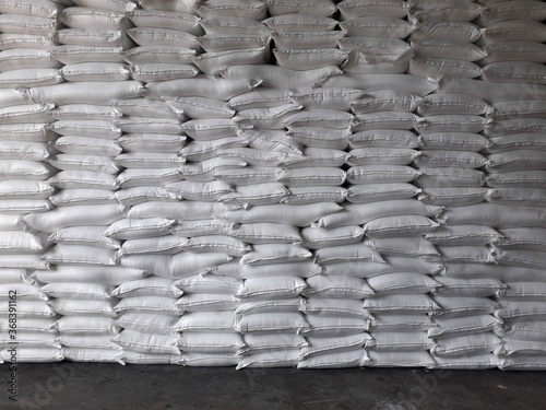 Chemical fertilizer The product stock is packed in sacks, stacked in the warehouse, waiting for delivery.
