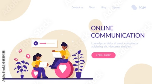 Online communication concept. A man and a woman communicate through social messengers, evaluate each other is content and photos. Modern flat illustration.