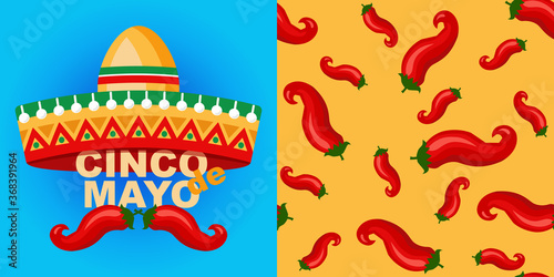 Cinco de Mayo background with sombrero. Seamless pattern with peppers. Mexican fiesta typography poster. Vector template for invitation to a party, postcard, banner, poster, flyer, textile.