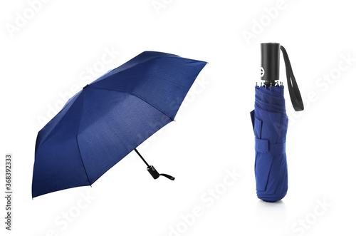 Blank Blue Foldable Umbrella for mock up. Isolated on White Background. Clear light weight umbrella for template. Design template for Branding, Advertise etc. Open and Closed View. photo