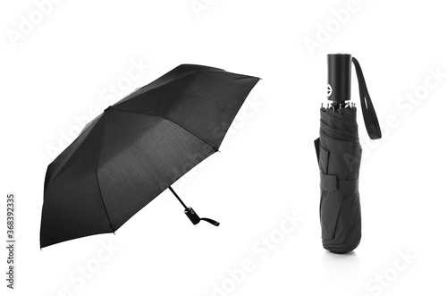 Blank Black Foldable Umbrella for mock up. Isolated on White Background. Clear light weight umbrella for template. Design template for Branding, Advertise etc. Open and Closed View. photo