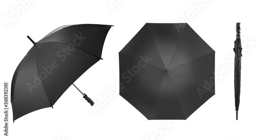 Blank black umbrella with handle for mock up. Clear parasol for template Isolated on white background. Empty long straight umbrella for branding. Studio Photography shoot. Open, side & close view.