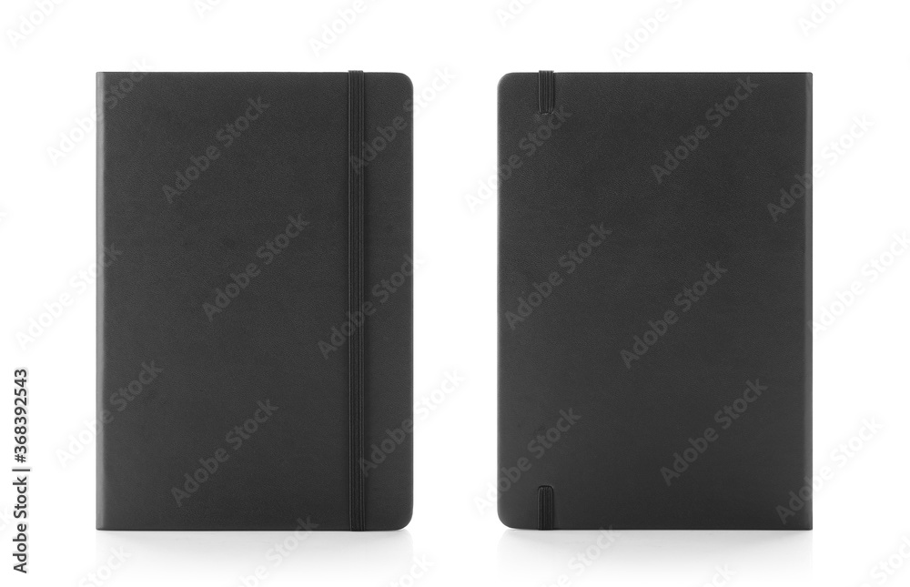 Black colour leather fabric hardcover notebook with elastic band. Front & back view with notebook closed. Isolated on white background. For mockup, branding & advertising. Black colour leather fabric hardcover notebook with elastic band. Front & back view with notebook closed. Isolated on white background. For mockup, branding & advertising.