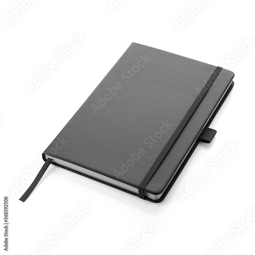 Black colour leather fabric hardcover notebook with elastic band lay back on white surface. Top view with notebook closed. Isolated on white background. For mockup, branding & advertising.
