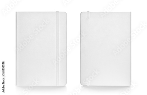 White colour leather fabric hardcover notebook with elastic band. Front & back view with notebook closed. Isolated on white background. For mockup, branding & advertising.