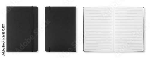Black colour leather fabric hardcover notebook with elastic band. Top view with notebook closed & open. Line sheet. Isolated on white background. For mockup, branding & advertising. photo