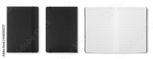 Black colour leather fabric hardcover notebook with elastic band. Top view with notebook closed & open. Line sheet. Isolated on white background. For mockup, branding & advertising.