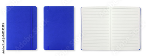 Classic blue colour leather fabric hardcover notebook with elastic band. Top view with notebook closed & open. Line sheet. Isolated on white background. For mockup, branding & advertising.