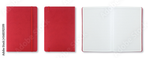 Red colour leather fabric hardcover notebook with elastic band. Top view with notebook closed & open. Line sheet. Isolated on white background. For mockup, branding & advertising. photo