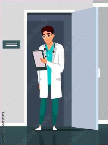 Doctor invites patient to enter medical office. Scene in hospital, clinic. Therapist waits visitors for medical appointment, consultation. Medicine, healthcare concept. Vector character illustration.