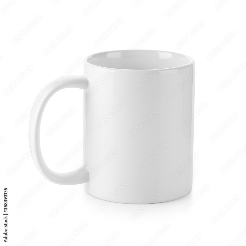 White Ceramic Mug With Handle Isolated on White Background. Used for Hot and Cold Beverage. Design Template for Mock-up. Studio Shoot. Front View White Ceramic Mug With Handle Isolated on White Background. Used for Hot and Cold Beverage. Design Template for Mock-up. Studio Shoot. Front View