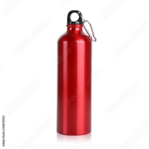 Blank Red Stainless Steel bottle for mock up. Clear Aluminium Outdoor Hiking tumbler for template. Empty Water Bottle with Cap & Handle for branding Isolated on White Background. Photography shoot.