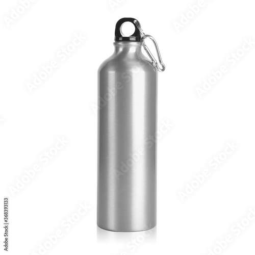 Blank Silver Stainless Steel bottle for mock up. Clear Aluminium Outdoor Hiking tumbler for template. Empty Water Bottle with Cap & Handle for branding Isolated on White Background. Photography shoot.