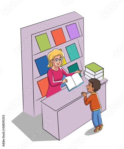 Librarian showing books to kid. Children library scene