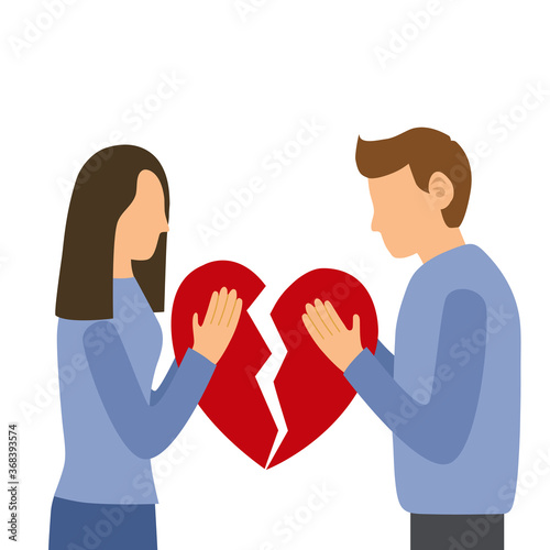 Young man and woman trying to connect pieces of broken heart. People trying to save love and friendship in flat design on white background.