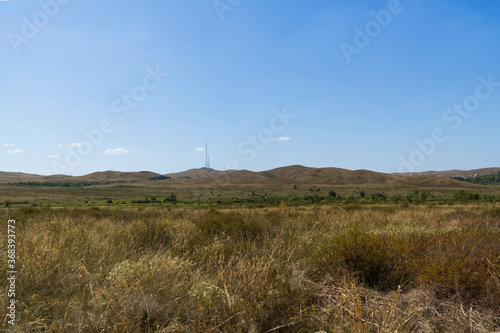 Summer steppe landscape. Landscape in kazakhstan. Kazakh steppe. Blue sky. Yellow grass. Panorama. Telecommunication tower