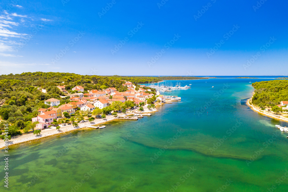 Town of Veli Rat on Dugi Otok island on Adriatic sea in Croatia, aerial view from drone, beautiful seascape