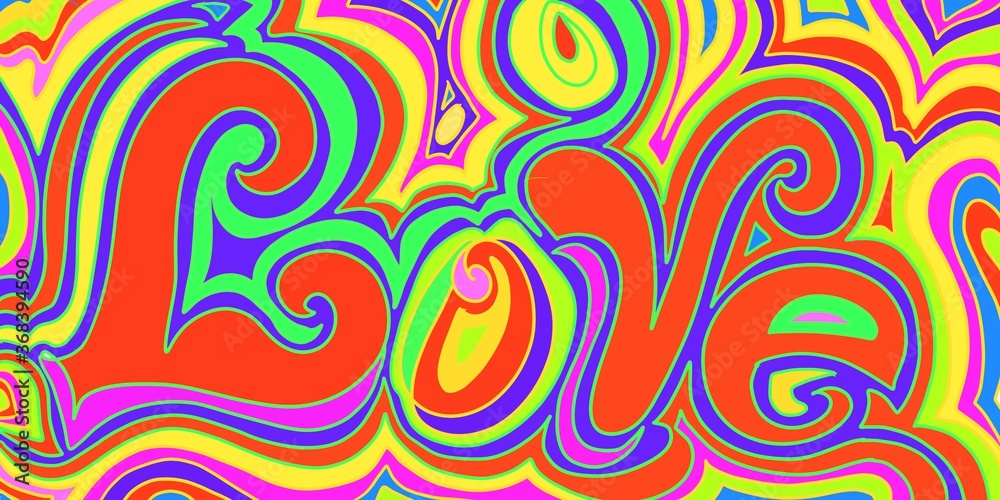 LOVE script lettering word in hippie, retro 70's 80's style of lines, scroll, swirls outline hand drawn art multicolor rainbow red, blue yellow, pink ,green LOVE script lettering word in hippie, retro 70's 80's style of lines, scroll, swirls outline hand drawn art multicolor rainbow red, blue yellow, pink ,green