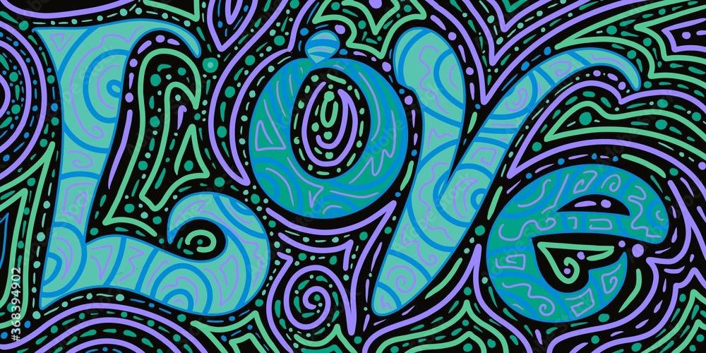 Fototapeta premium LOVE script lettering word in hippie, retro 70's 80's style of lines, scroll, swirls outline hand drawn art multicolor rainbow red, blue yellow, pink ,green