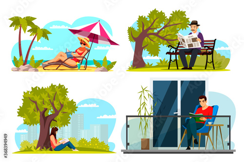 People reading books outdoor scene set