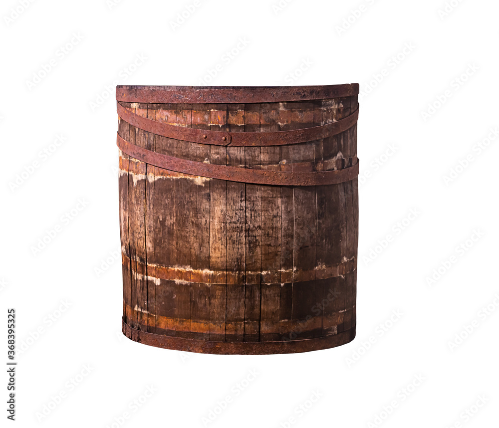 old wooden brown barrel with rusty metal rings. Isolated background old wooden brown barrel with rusty metal rings. Isolated background