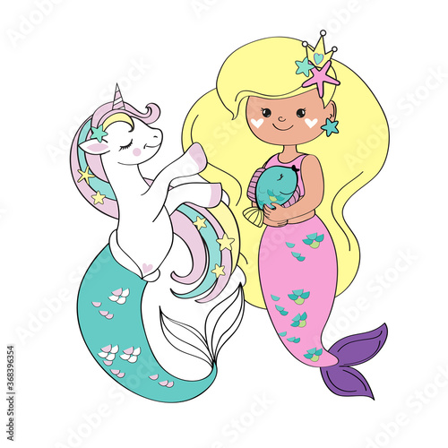 Beautiful cartoon mermaid and unicorn mermaid on a white background isolated