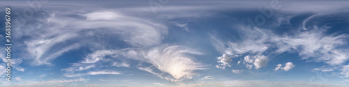 Seamless clear blue sky hdri panorama 360 degrees angle view with zenith and beautiful clouds for use in 3d graphics as sky dome or edit drone shot