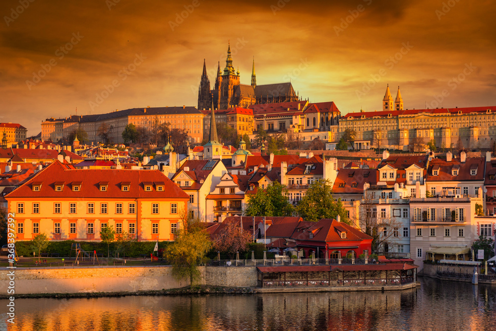 Beautiful old town and the castle in Prague at sunrise, Czech Republic