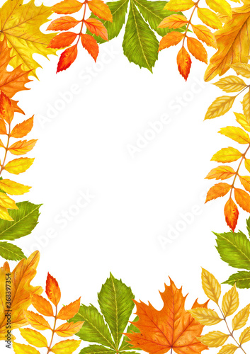 Watercolor autumn beautiful frame of yellow and red leaves.
