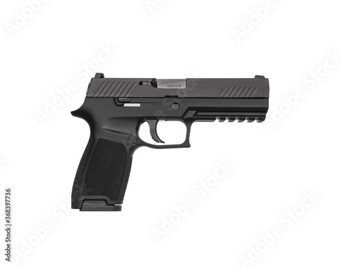 Modern semi-automatic pistol isolate on a white background. Armament for the army and police. Short-barreled weapon