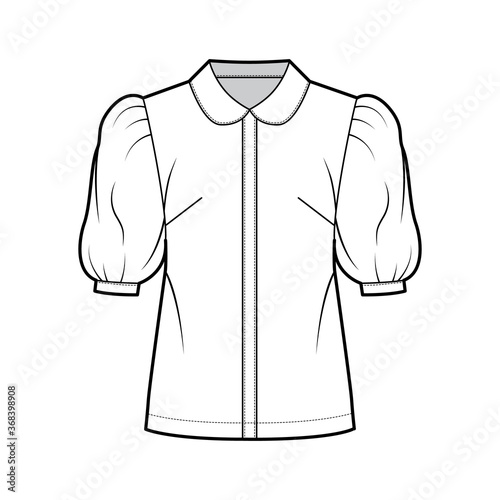 Elbow puff sleeve shirt technical fashion illustration with round collar, front button-fastening, loose silhouette. Flat blouse apparel template front, white color. Women, men unisex top CAD mockup