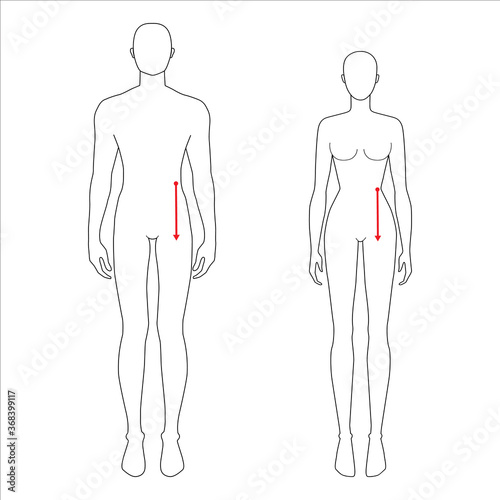Women and men to do body rise measurement fashion Illustration for size chart. 7.5 head size girl and boy for site or online shop. Human body infographic template for clothes. 