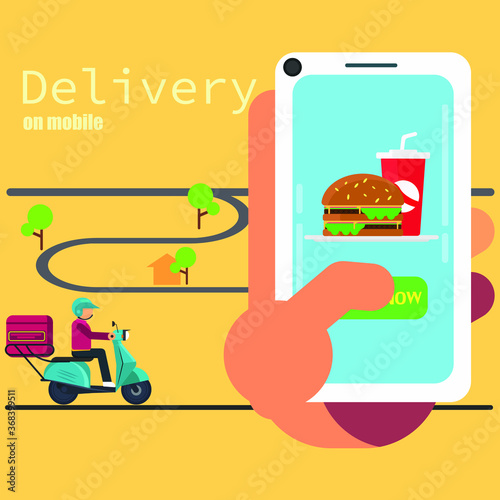 Food delivery app on a smartphone tracking a delivery man on a moped 
with fast food, technology and logistics concept, town  in the yellow background