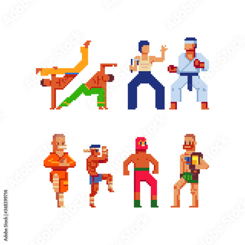 Monk, karate master, muay thai fighter, mexican wrestler, male fighters characters pixel art icon. Isolated vector illustration. Game assets 8-bit sprite sheet. Design magnets, stickers, app.

