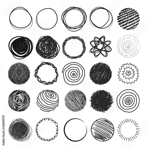 Collection of doodle circles vector isolated. Hand drawn set of black round scribbles. Abstract background, frame for logo.