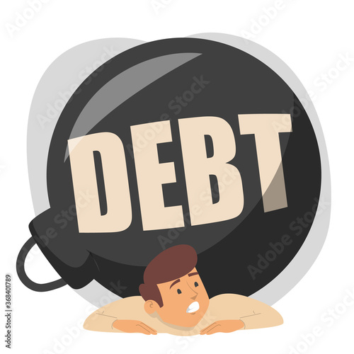 Businessman squashed by a huge metal weight vector isolated. Debt, idea of financial crisis and bankruptcy. Man in despair.