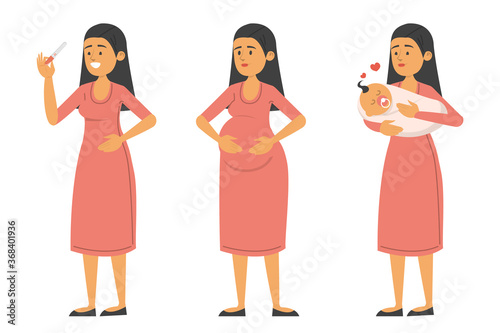 Set of woman with positive test, during pregnancy and with baby vector isolated. Motherhood, happy lady with child. Pregnant woman holding belly, expecting baby.